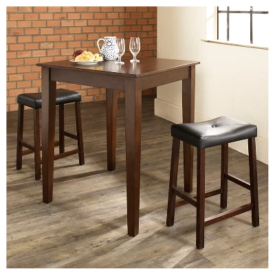 3pc Pub Dining Set With Tapered Leg And Upholstered Saddle Stools Vintage Mahogany Finish - Crosley - Image 2