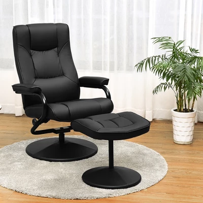 Costway Recliner Chair Swivel PU Leather Lounge Accent Armchair W/ Ottoman Black - Image 2
