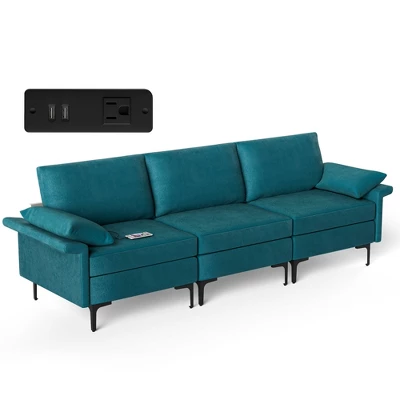 Costway Modern Modular Fabric 3-Seat Sofa Couch With Socket USB Ports & Metal Legs Grey/Blue - Image 10