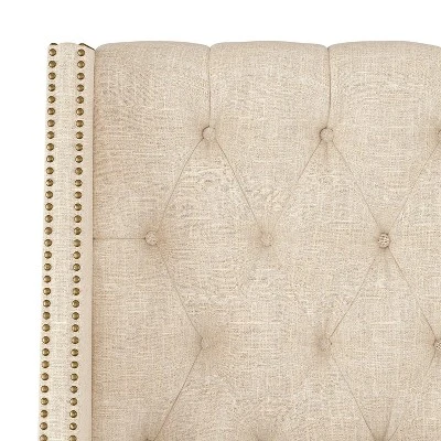 King Arlette Nail Button Tufted Wingback Bed In Textured Linen Cream - Skyline Furniture - Image 3