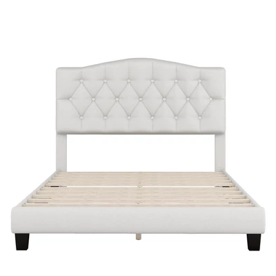 Upholstered Linen Platform Bed Frame With Curved Tufted Headboard Beige-ModernLuxe - Image 3