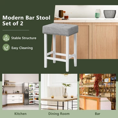 Costway Set Of 2 Bar Stools Tufted Upholstered Counter Height Chairs With Rubber Wood Legs - Image 7