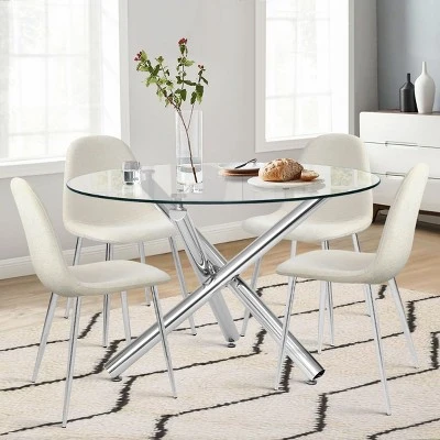 Eileen+Spoon 5-Piece Silver Round Clear Glass Dining Table Set With 4 Upholstered Chairs -The Pop Maison - Image 9