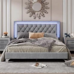 Queen Size Velvet Upholstered Platform Bed Frame With LED Lights And Tufted Headboard-ModernLuxe