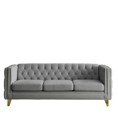 Living Room Modern Velvet Sofa With Button Tufted Square Arms And Metal Legs - ModernLuxe - Image 5