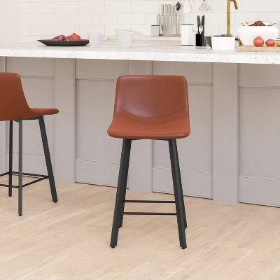 Emma And Oliver Set Of Two 24" Modern Upholstered Barstools, Matte Metal Frames And Plastic Floor Glides