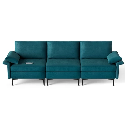 Costway Modern Modular Fabric 3-Seat Sofa Couch With Socket USB Ports & Metal Legs Grey/Blue - Image 9