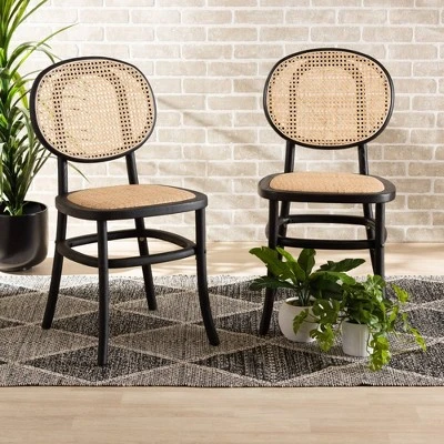 2pc Garold Woven Rattan And Wood Cane Dining Chair Set - Baxton Studio - Image 6