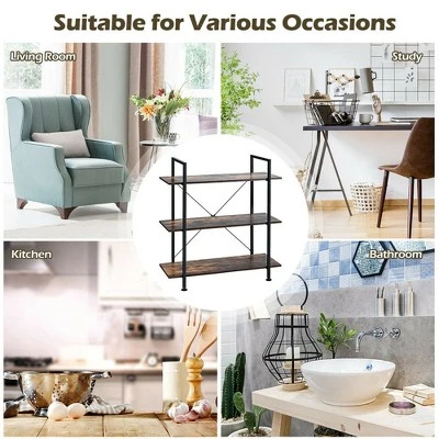 Costway 3-Tier Bookshelf Industrial Bookcase Display Shelf Storage Rack Rustic Brown - Image 7