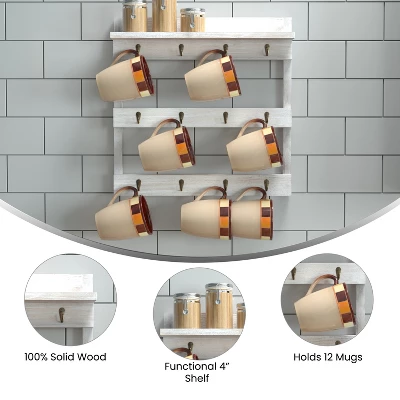 Emma And Oliver Wall Mounted Mug Rack With 12 Coffee Cup Hangers And Built-In Shelf For Coffee, Sugar & More - Image 5