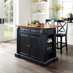 Coventry Drop Leaf Top Kitchen Island With X-Back Stools Black - Crosley