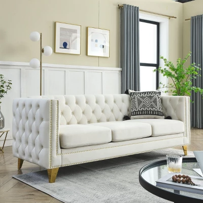 Living Room Modern Velvet Sofa With Button Tufted Square Arms And Metal Legs - ModernLuxe - Image 13