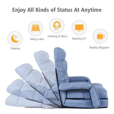 Costway Folding Floor Armchair W/6-position Adjustable Back & Lumbar Pillow Blue - Image 4