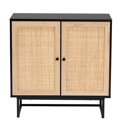 Declan Wood And Natural Rattan 2 Door Storage Cabinet Espresso Brown/Black - Baxton Studio