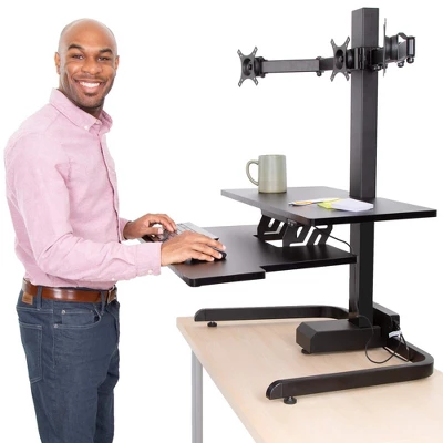Techtonic Electric 3 Arm Monitor Mount Standing Desk - Sit To Stand Desk Converter With Keyboard Tray – Black – Stand Steady