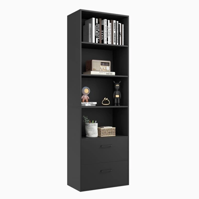 Tangkula 74” Tall Bookcase 4-tier Open Bookshelf With 2 Slide-out Drawers Modern Display Shelf With Anti-toppling Device Multipurpose Wooden Storage Organizer White/Black - Image 10