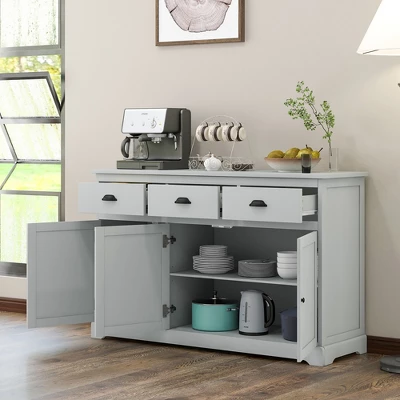 Costway 3 Drawers Sideboard Buffet Cabinet Console Table Kitchen Storage Cupboard Gray - Image 3