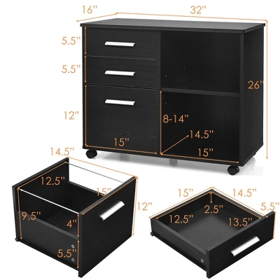 Costway 3-Drawer File Cabinet Mobile Lateral Cabinet Printer Stand EspressoBlack - Image 3