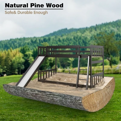 Costway Twin Over Twin Bunk Wooden Low Bed With Slide Ladder For Kids - Image 5