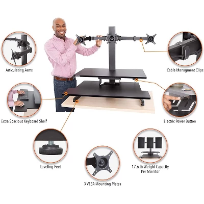 Techtonic Electric 3 Arm Monitor Mount Standing Desk - Sit To Stand Desk Converter With Keyboard Tray – Black – Stand Steady - Image 3