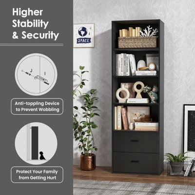 Tangkula 74” Tall Bookcase 4-tier Open Bookshelf With 2 Slide-out Drawers Modern Display Shelf With Anti-toppling Device Multipurpose Wooden Storage Organizer White/Black - Image 6
