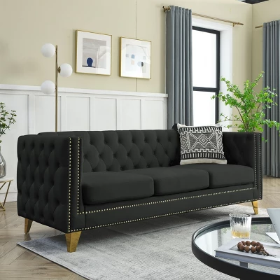 Living Room Modern Velvet Sofa With Button Tufted Square Arms And Metal Legs - ModernLuxe - Image 15
