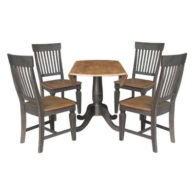 5pc 42" Round Dual Drop Leaf Dining Table With 4 Slat Back Chairs Hickory/Washed Coal - International Concepts - Image 3
