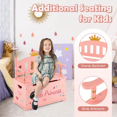 Costway Kids Princess Wooden Bench Seat Toy Box Storage Organizer Children Playroom Pink - Image 3