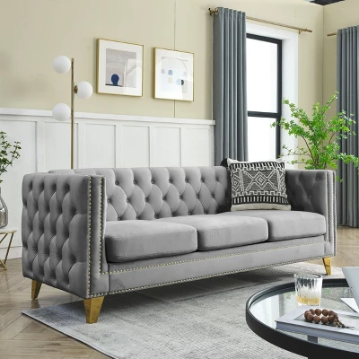 Living Room Modern Velvet Sofa With Button Tufted Square Arms And Metal Legs - ModernLuxe - Image 14