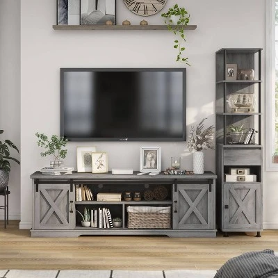 2pc Clander TV Stand And Bookcase Tower Set Vintage Gray Oak - HOMES: Inside + Out - Image 2