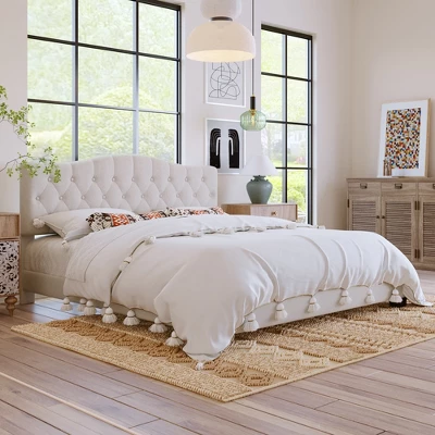 Upholstered Linen Platform Bed Frame With Curved Tufted Headboard Beige-ModernLuxe - Image 10