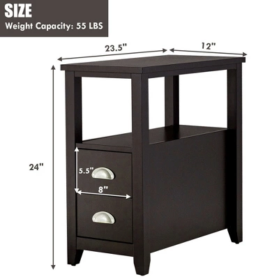 Costway End Table Space-Saving Rectangular Bedside Table W/ 2 Drawers & Shelf Espress - Image 4