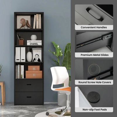 Tangkula 74” Tall Bookcase 4-tier Open Bookshelf With 2 Slide-out Drawers Modern Display Shelf With Anti-toppling Device Multipurpose Wooden Storage Organizer White/Black - Image 9