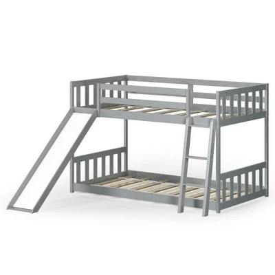 Costway Twin Over Twin Bunk Wooden Low Bed With Slide Ladder For Kids - Image 11