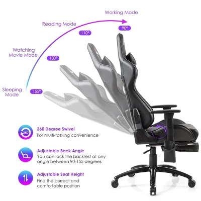 Costway Massage Gaming Chair Adjustable Reclining Racing Chair W/Headrest&Footrest GrayBlack - Image 6