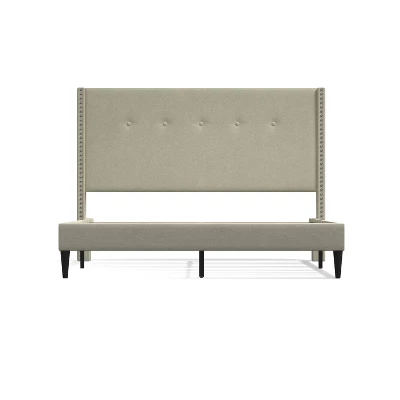 Glenwillow Home MCM Upholstered Platform Bed, Nailhead Trim Button Tufted MCM Wingback, Mattress Foundation, No Box Spring Needed, Beige, Queen - Image 2