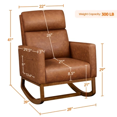 Yaheetech Faux Leather Upholstered Rocking Chair With Rubberwood Legs Brown - Image 2