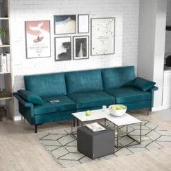 Costway Modern Modular Fabric 3-Seat Sofa Couch With Socket USB Ports & Metal Legs Grey/Blue