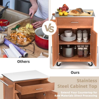 Costway Wood Kitchen Trolley Cart Stainless Steel Top Rolling Storage Cabinet Island - Image 5