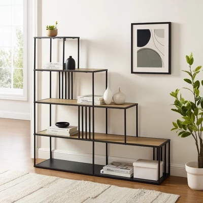 55.5" Modern 4 Shelf With Metal Bar Room Divider Bookcase Coastal Oak/Black - Saracina Home