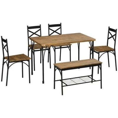 HOMCOM Industrial Dining Table Set For 6 People, 6 Piece Kitchen Table And Chairs Set, Dinner Table With Bench, Steel Frame And Storage Shelf - Image 3