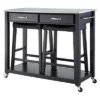 Stainless Steel Top Kitchen Cart/Island - Black With 24" Black Upholstered Saddle Stools - Crosley
