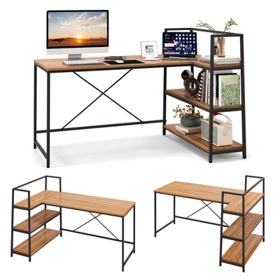 Tangkula 59 Inch L-Shaped Computer Desk Large Reversible Corner Desk W/ Open Storage Shelves Space-Saving Writing Study Table PC Laptop Gaming Desk Black/White + Natural/Black + Walnut - Image 12