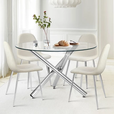 Eileen+Spoon 5-Piece Silver Round Clear Glass Dining Table Set With 4 Upholstered Chairs -The Pop Maison
