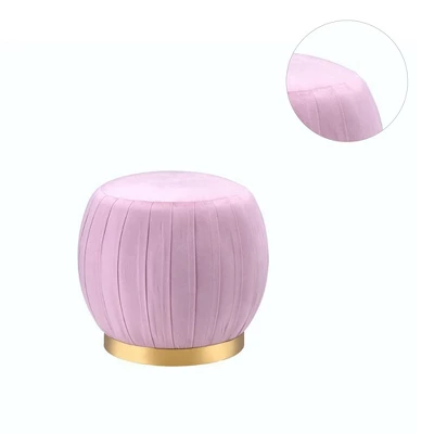 Simple Relax Upholstered Round Ottoman With Metal Base In Pink And Gold - Image 2