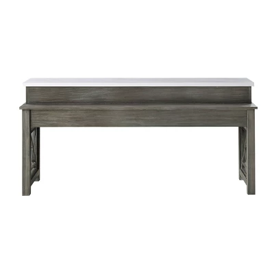 76"Wandella Marble Top Dining Table Beige Fabric/Weathered Gray Finish - Acme Furniture - Image 2