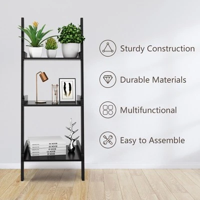 Costway 3 Tier Leaning Rack Wall Ladder Book Shelf Bookcase Storage Display Multipurpose - Image 4