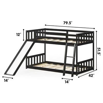 Costway Twin Over Twin Bunk Wooden Low Bed With Slide Ladder For Kids - Image 2