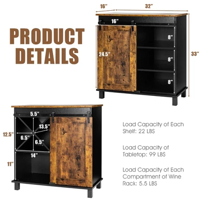 Costway Kitchen Buffet Storage Cabinet Sideboard W/Sliding Barn Door Wine Rack - Image 3
