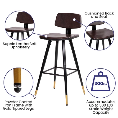 Emma And Oliver Set Of 2 Commercial Grade LeatherSoft Barstools With Gold Tipped Iron Legs - Image 4